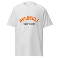 Unisex navy blue t-shirt featuring Bucknell University logo printed across the front chest