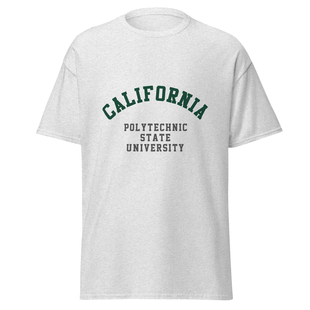 Unisex navy blue t-shirt featuring California Polytechnic State University logo printed across the front chest