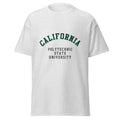 Unisex navy blue t-shirt featuring California Polytechnic State University logo printed across the front chest