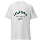 Unisex navy blue t-shirt featuring California Polytechnic State University logo printed across the front chest