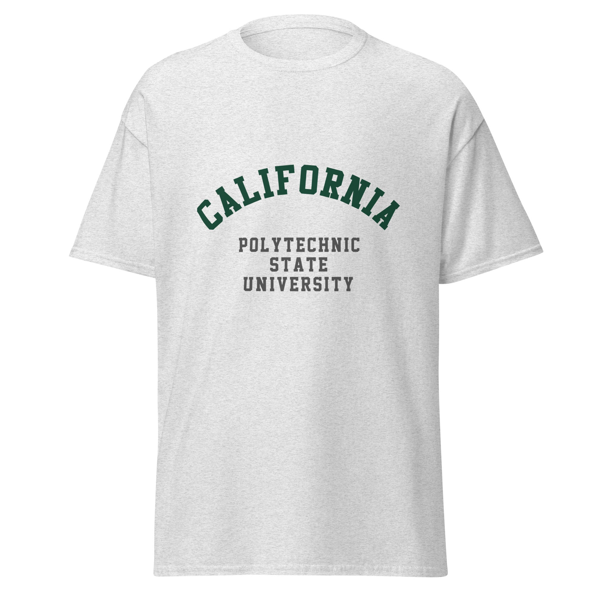 Unisex navy blue t-shirt featuring California Polytechnic State University logo printed across the front chest
