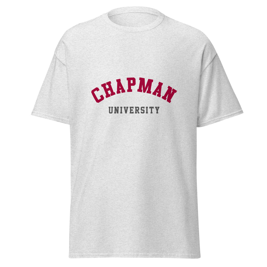 Unisex navy blue t-shirt featuring Chapman University logo printed across the front chest
