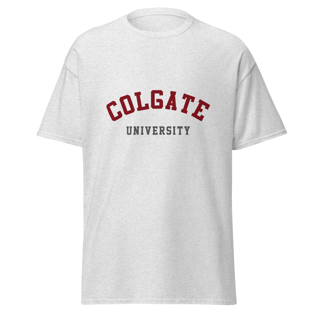 Unisex heather gray t-shirt featuring Colgate University logo printed across the front chest
