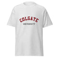 Unisex heather gray t-shirt featuring Colgate University logo printed across the front chest
