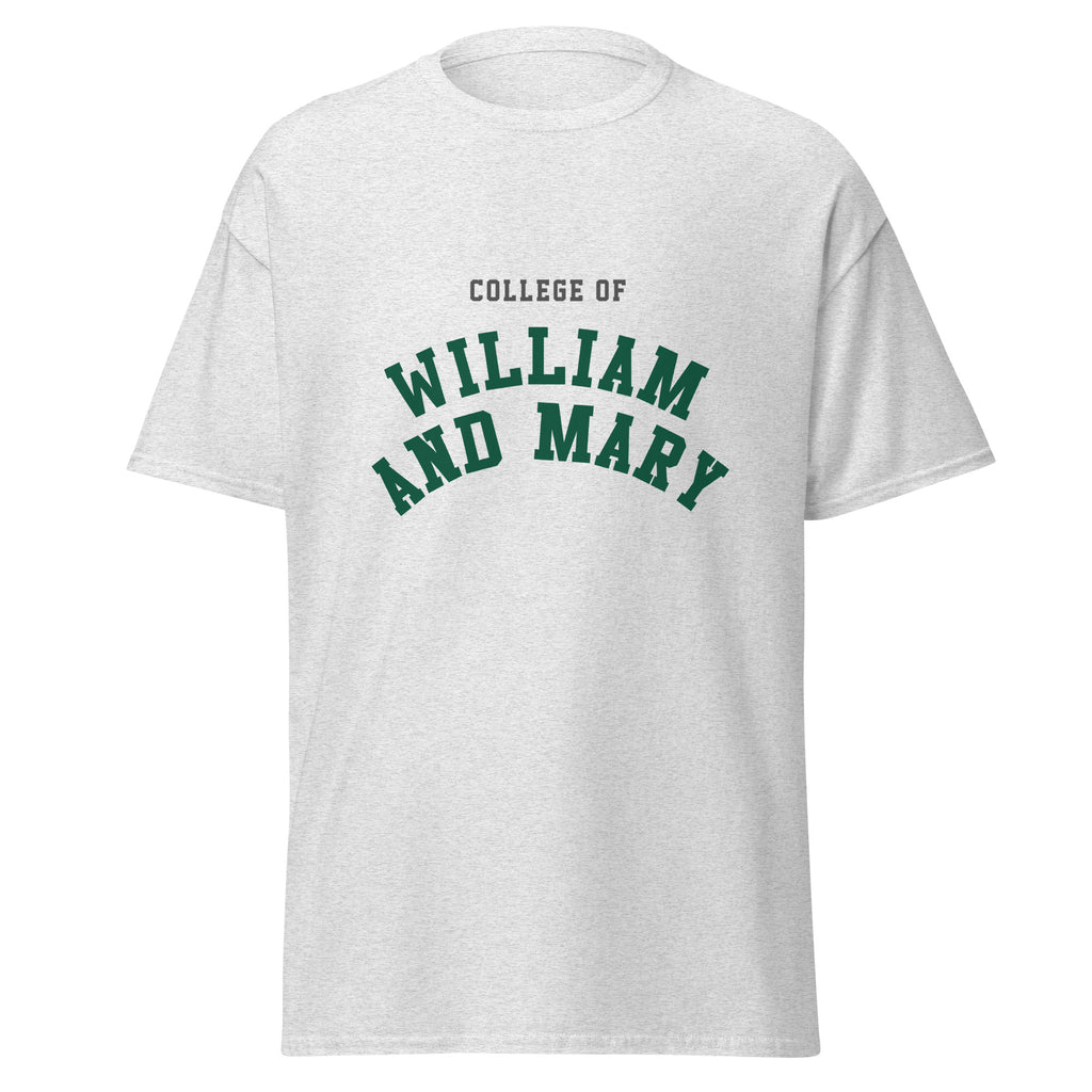 Unisex heather gray t-shirt featuring College of William & Mary logo printed across the front chest