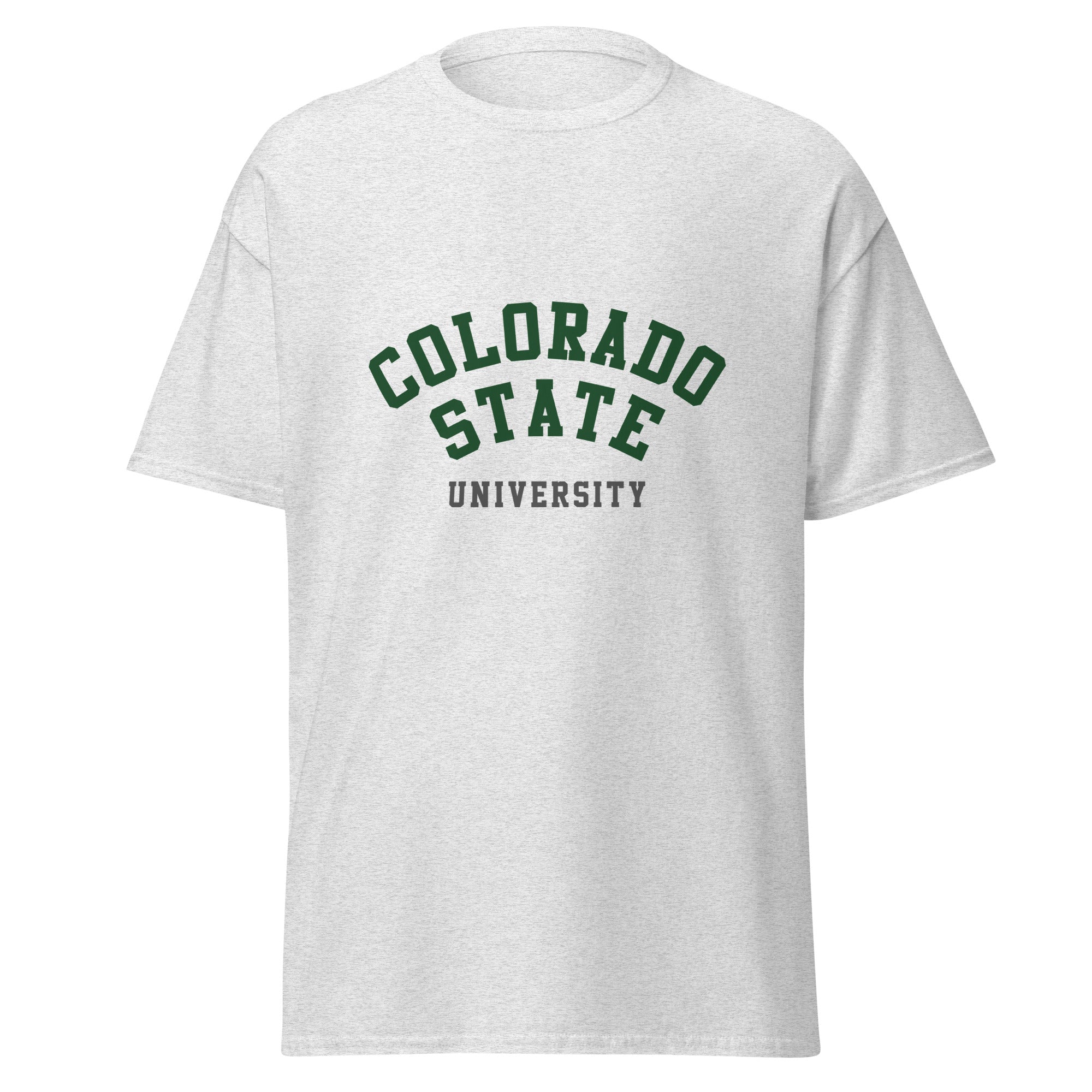 Unisex heather gray t-shirt featuring Colorado State University logo printed across the front chest