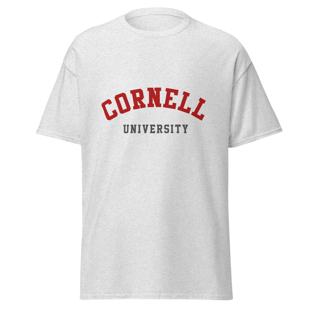 Unisex heather gray t-shirt featuring Cornell University logo printed across the front chest