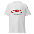 Unisex heather gray t-shirt featuring Cornell University logo printed across the front chest