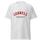 Unisex heather gray t-shirt featuring Cornell University logo printed across the front chest