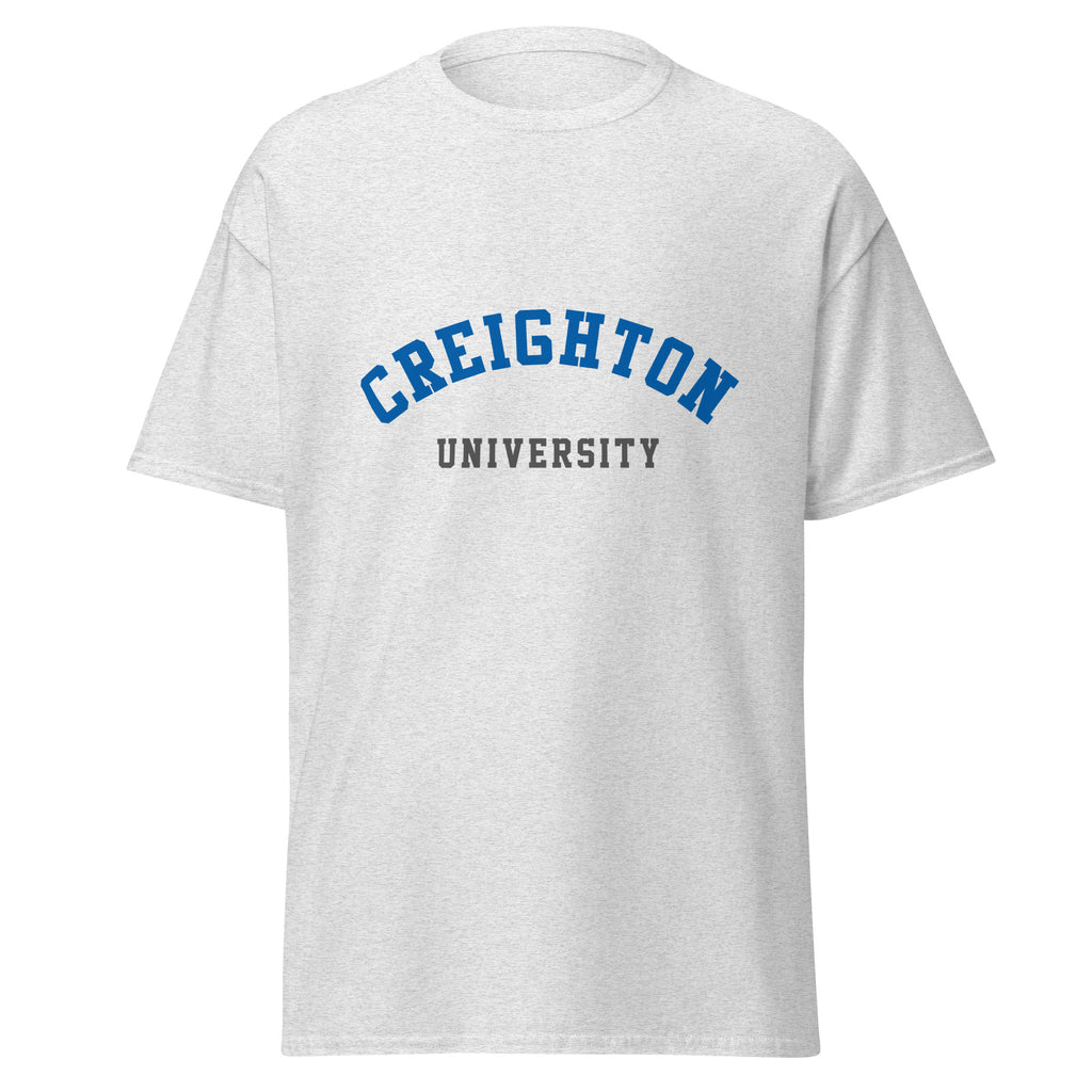 Unisex heather gray t-shirt featuring Creighton University logo printed across the front chest