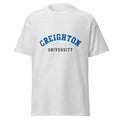 Unisex heather gray t-shirt featuring Creighton University logo printed across the front chest