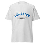 Unisex heather gray t-shirt featuring Creighton University logo printed across the front chest