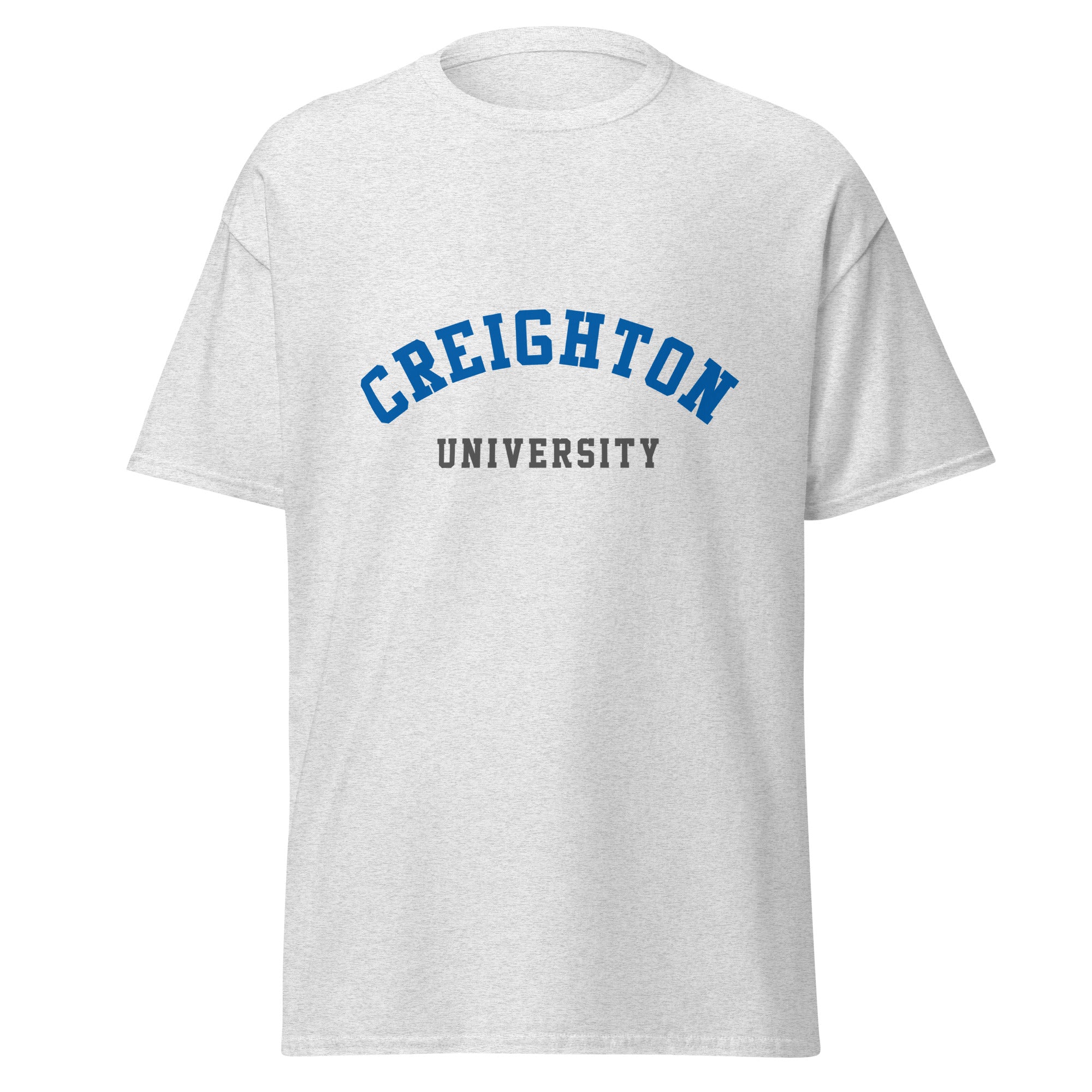 Unisex heather gray t-shirt featuring Creighton University logo printed across the front chest