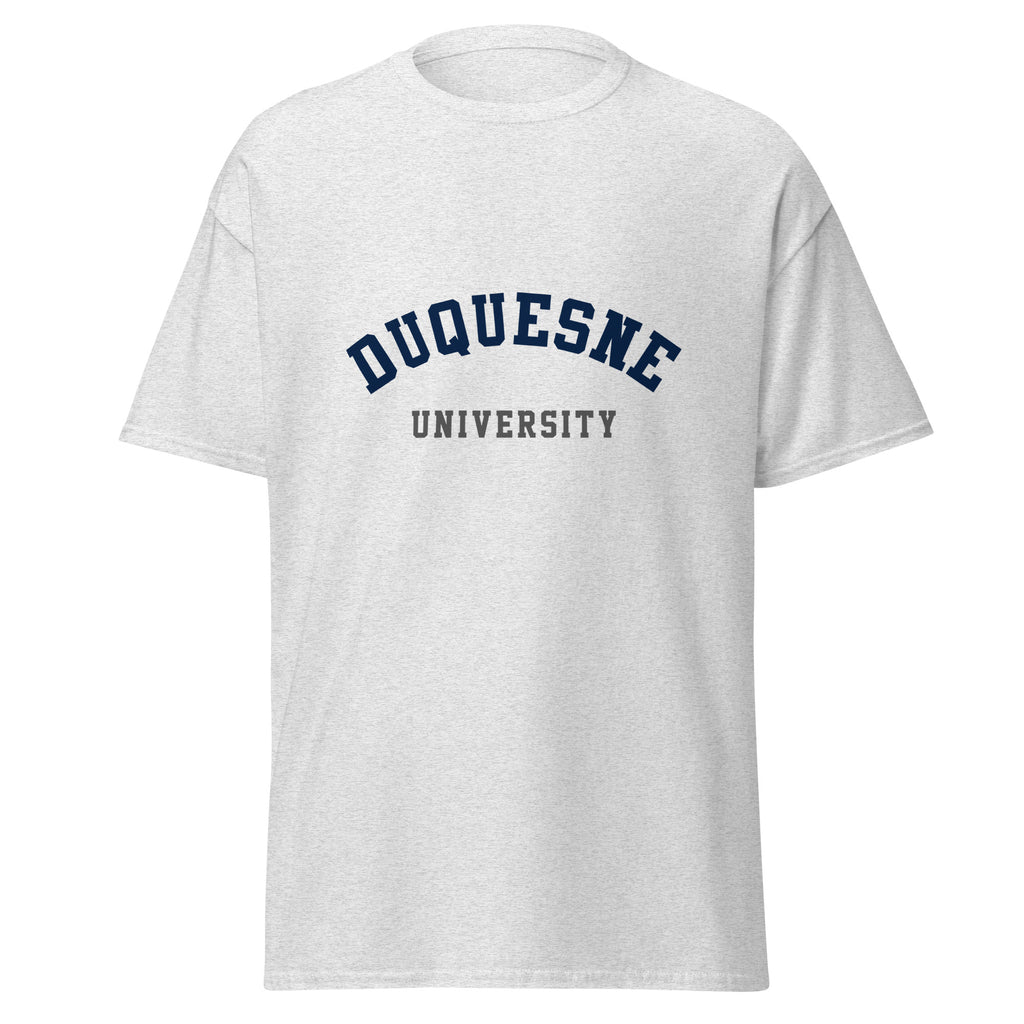 Unisex heather gray t-shirt featuring Duquesne University logo printed across the front chest