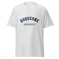 Unisex heather gray t-shirt featuring Duquesne University logo printed across the front chest