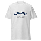 Unisex heather gray t-shirt featuring Duquesne University logo printed across the front chest