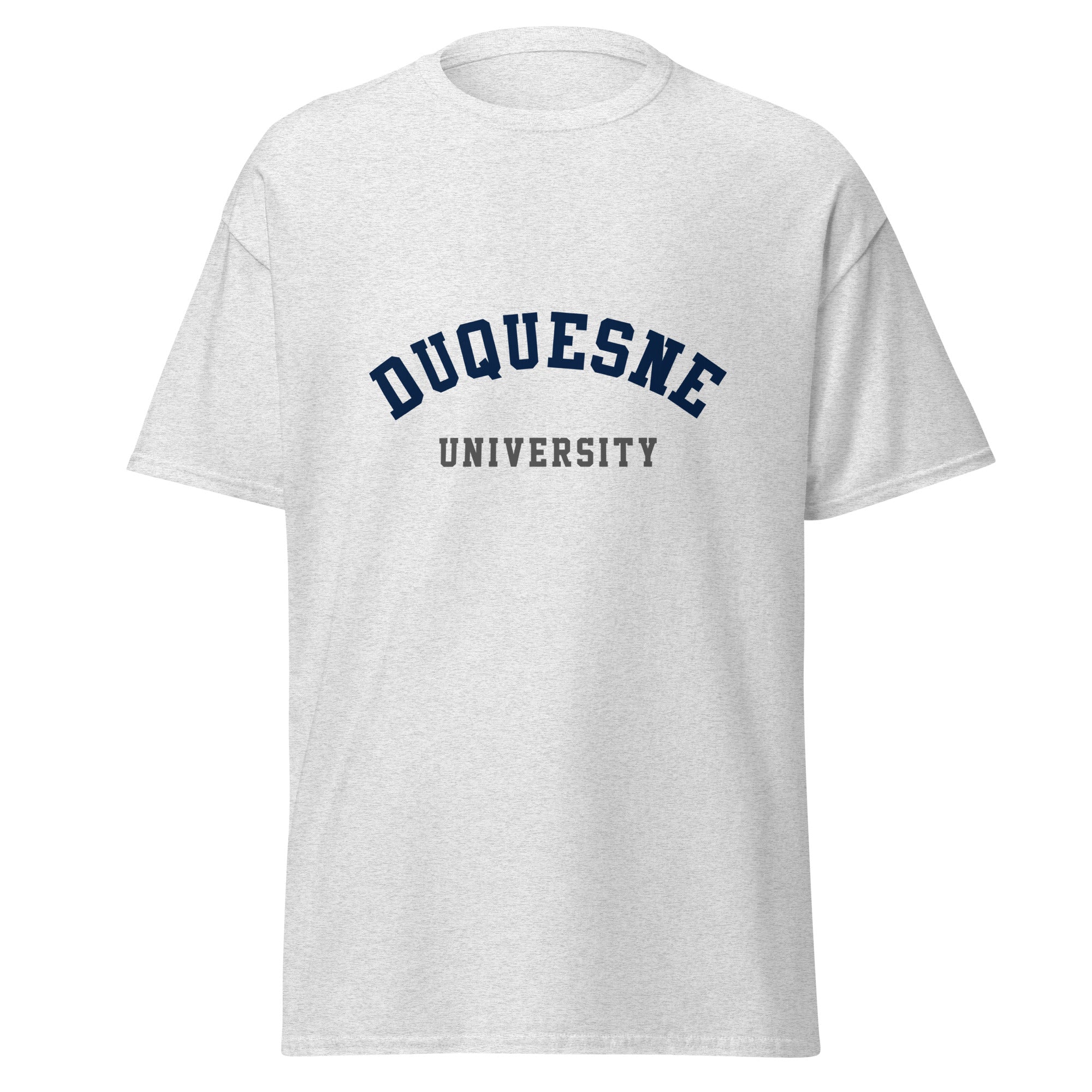 Unisex heather gray t-shirt featuring Duquesne University logo printed across the front chest