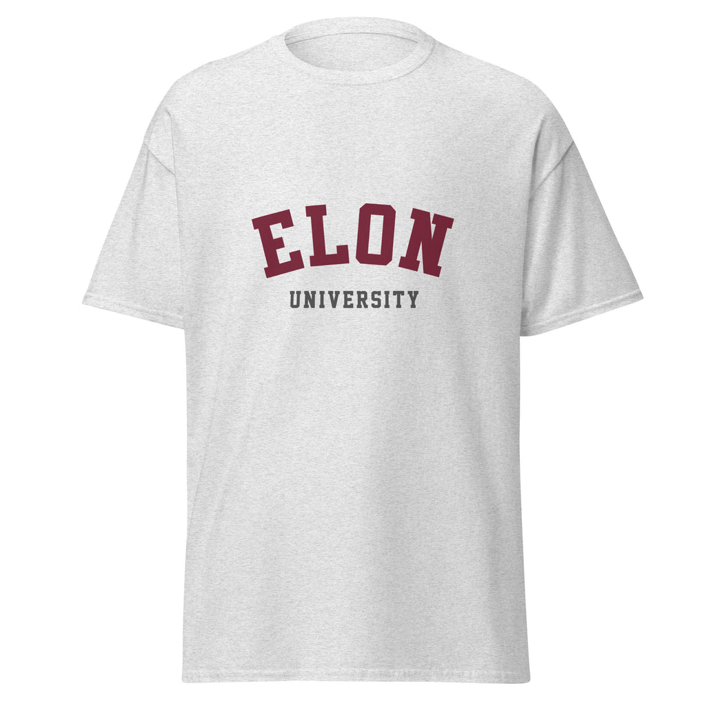 Unisex heather gray t-shirt featuring Elon University logo printed across the front chest