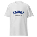 Unisex heather gray t-shirt featuring Emory University logo printed across the front chest