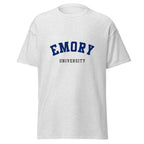 Unisex heather gray t-shirt featuring Emory University logo printed across the front chest