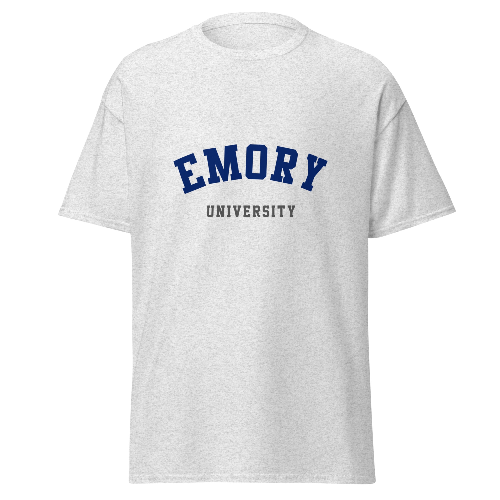 Unisex heather gray t-shirt featuring Emory University logo printed across the front chest