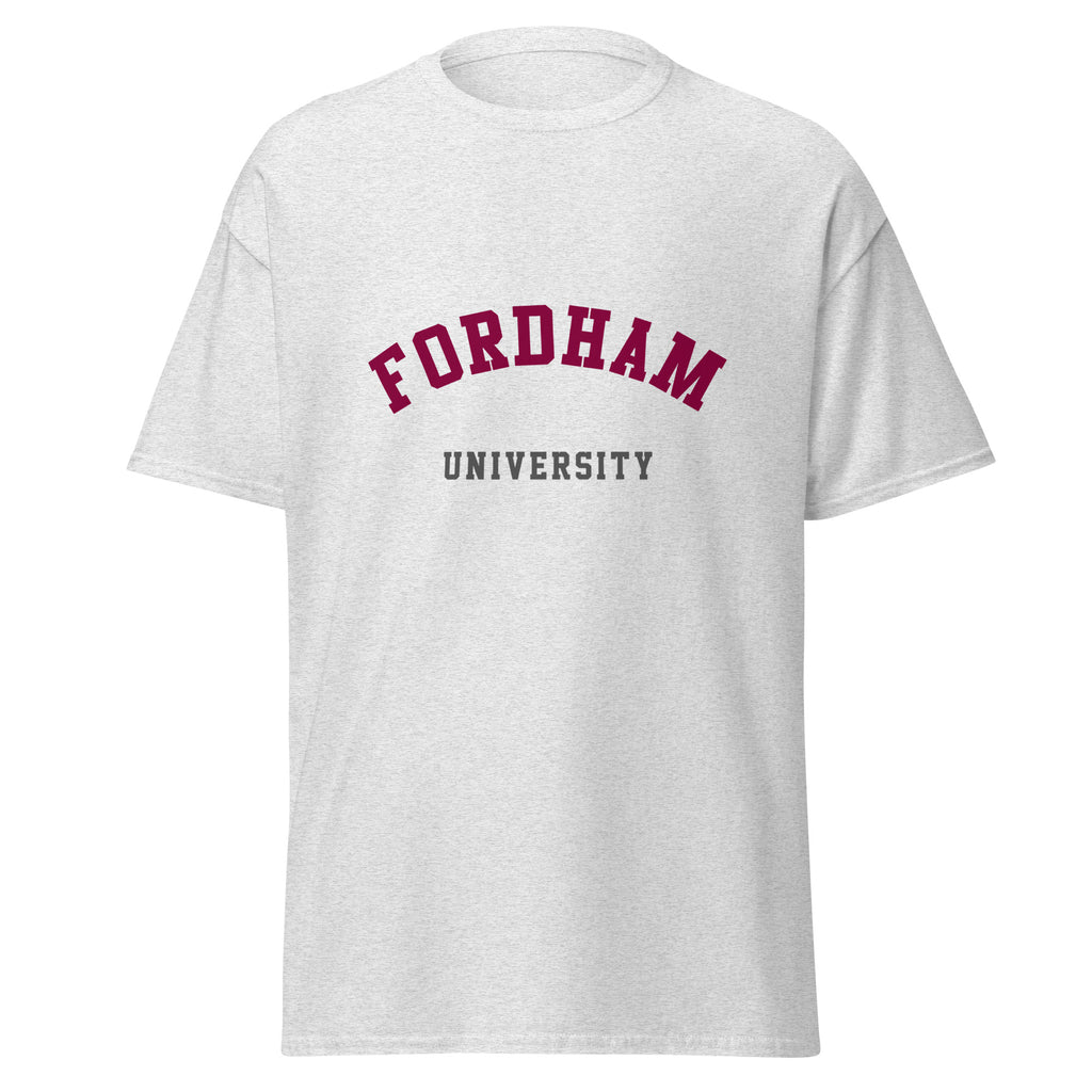 Unisex heather gray t-shirt featuring Fordham University logo printed across the front chest