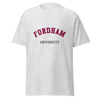 Unisex heather gray t-shirt featuring Fordham University logo printed across the front chest