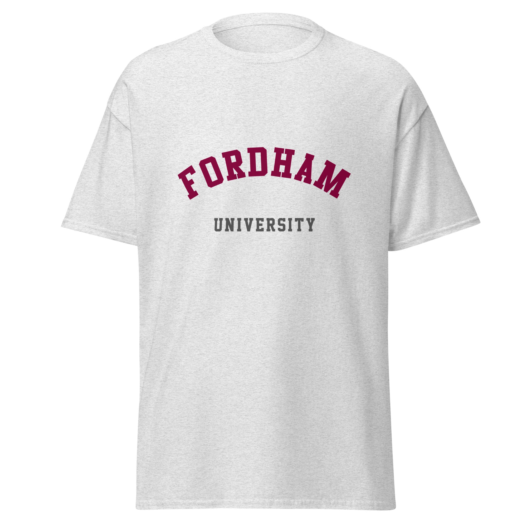 Unisex heather gray t-shirt featuring Fordham University logo printed across the front chest