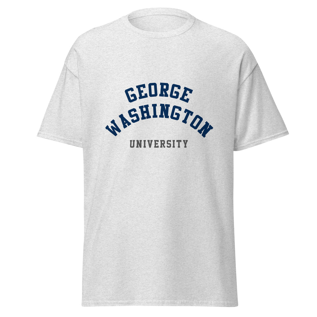 Unisex heather gray t-shirt featuring George Washington University logo printed across the front chest