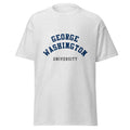 Unisex heather gray t-shirt featuring George Washington University logo printed across the front chest