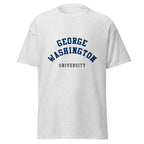 Unisex heather gray t-shirt featuring George Washington University logo printed across the front chest
