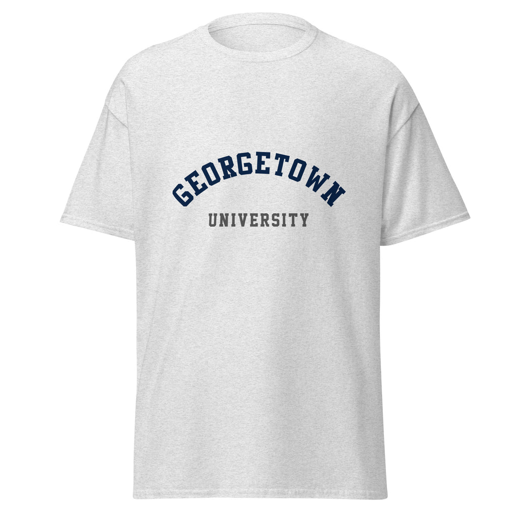 Unisex heather gray t-shirt featuring Georgetown University logo printed across the front chest
