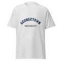 Unisex heather gray t-shirt featuring Georgetown University logo printed across the front chest