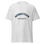 Unisex heather gray t-shirt featuring Georgetown University logo printed across the front chest