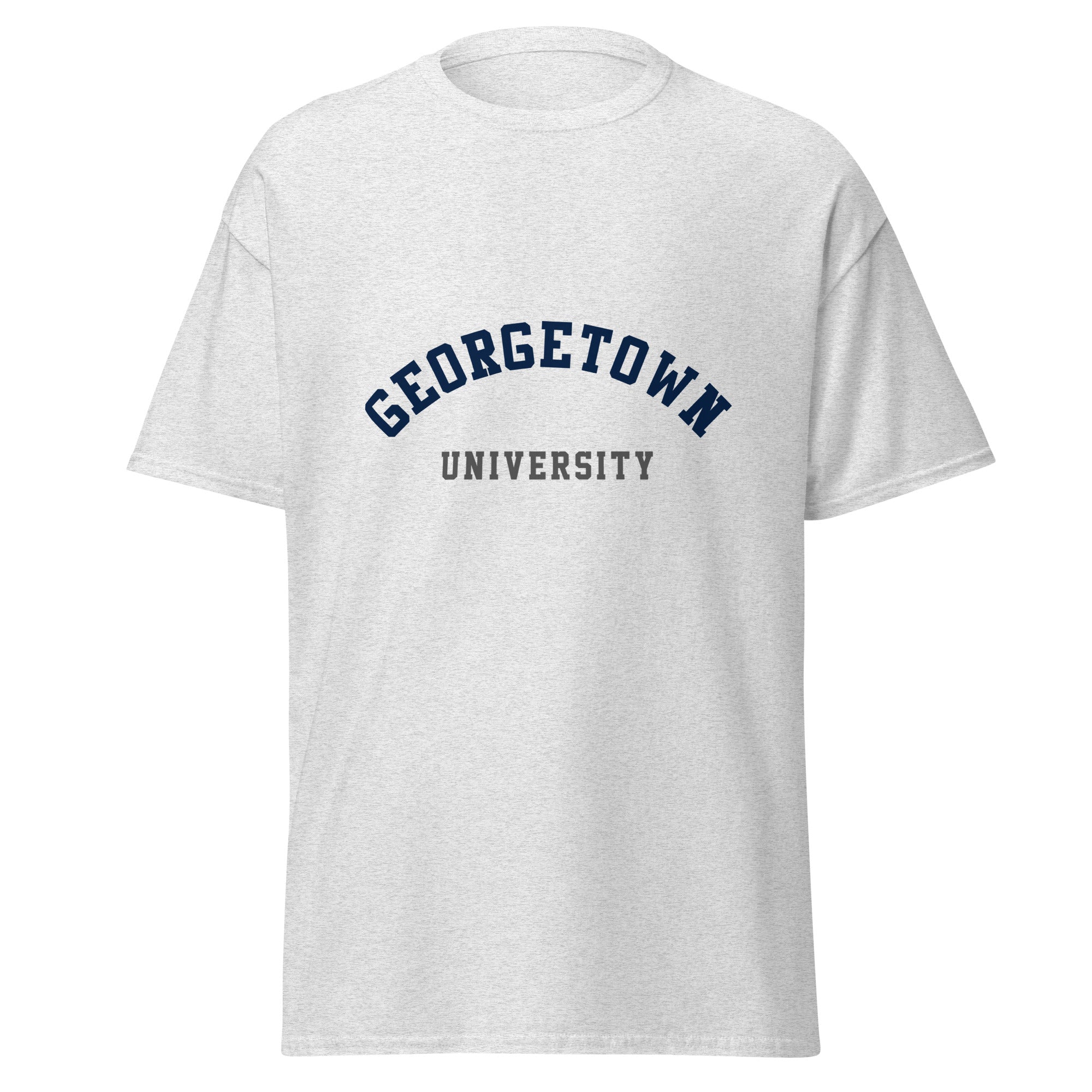 Unisex heather gray t-shirt featuring Georgetown University logo printed across the front chest