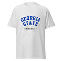 Unisex heather gray t-shirt featuring Georgia State University logo printed across the front chest