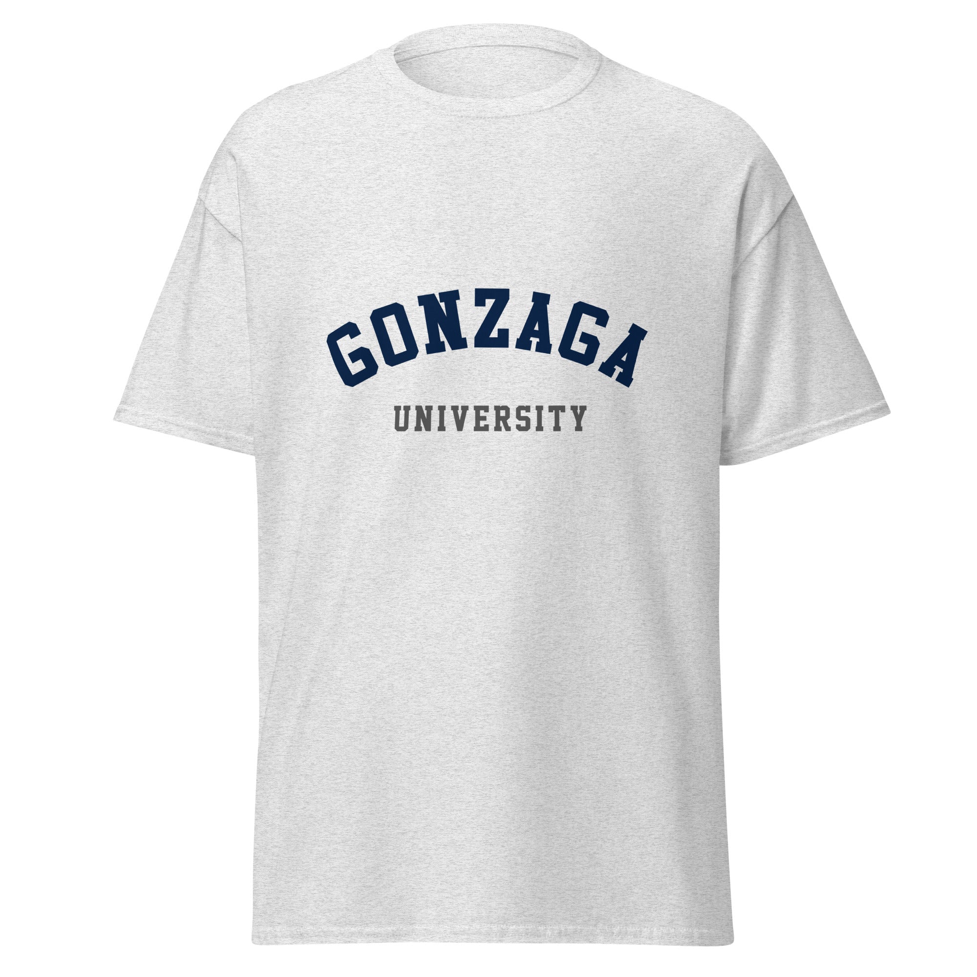 Unisex heather gray t-shirt featuring Gonzaga University logo printed across the front chest