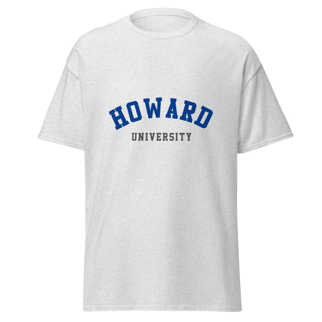Unisex heather gray t-shirt featuring Howard University logo printed across the front chest