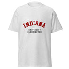 Unisex heather gray t-shirt featuring Indiana University Bloomington logo printed across the front chest