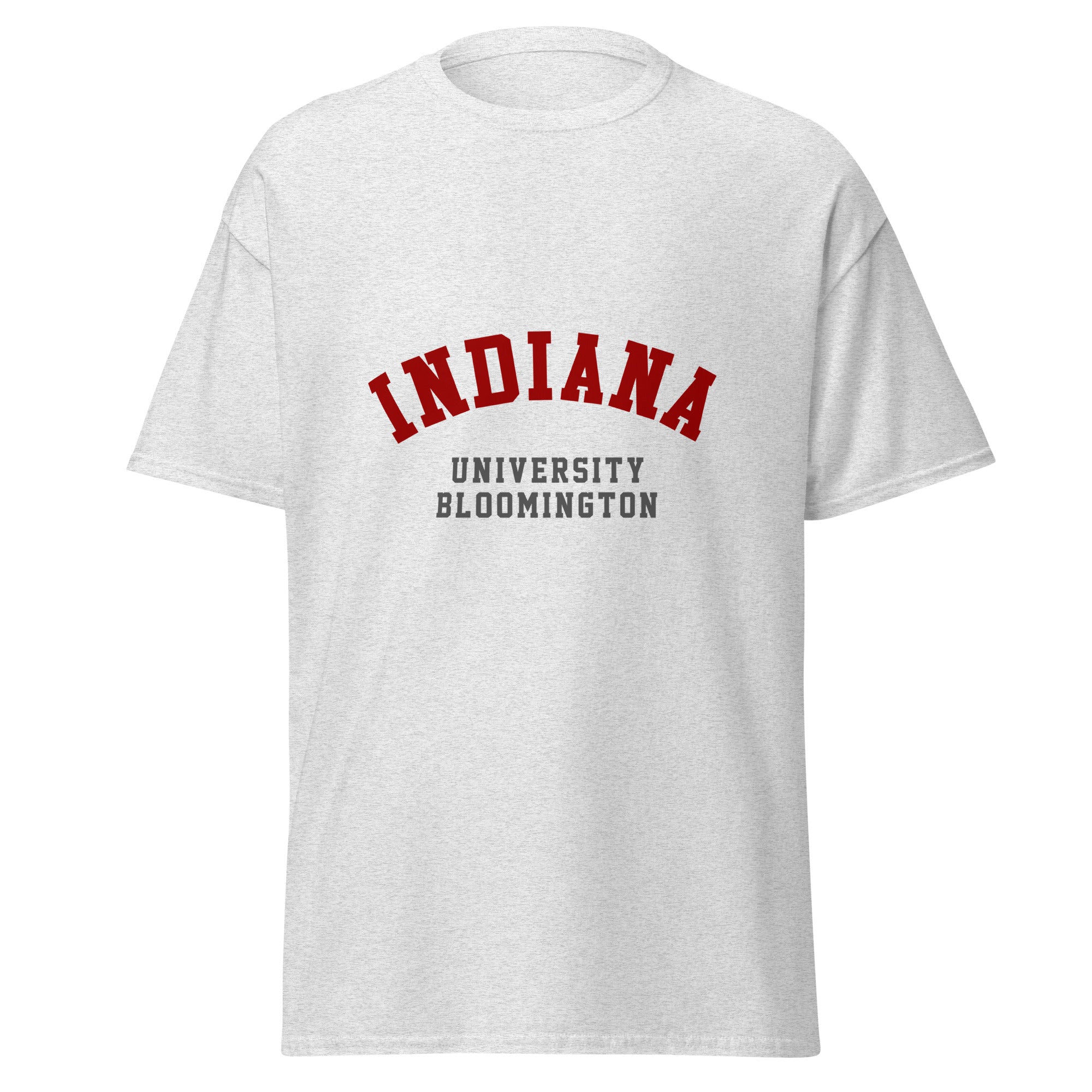 Unisex heather gray t-shirt featuring Indiana University Bloomington logo printed across the front chest