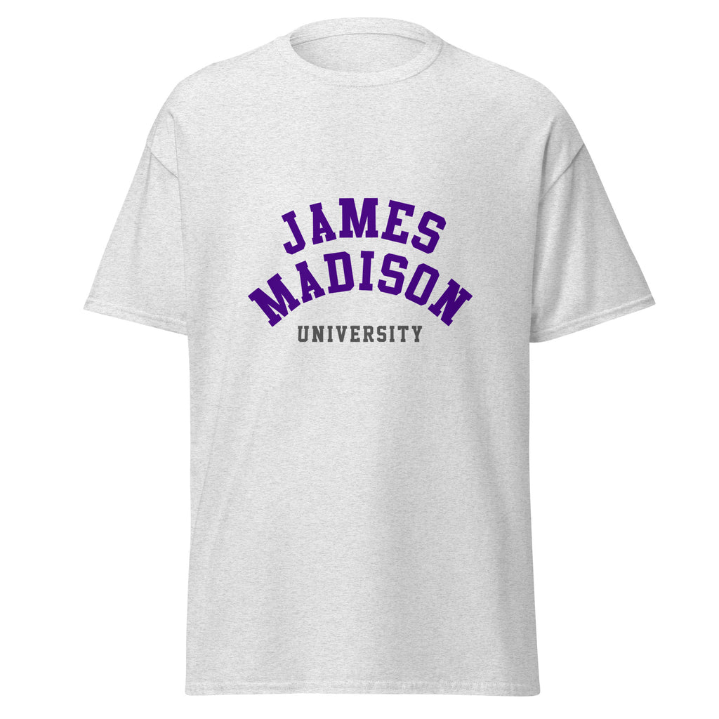 Unisex heather gray t-shirt featuring James Madison University logo printed across the front chest
