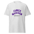 Unisex heather gray t-shirt featuring James Madison University logo printed across the front chest