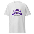 Unisex heather gray t-shirt featuring James Madison University logo printed across the front chest