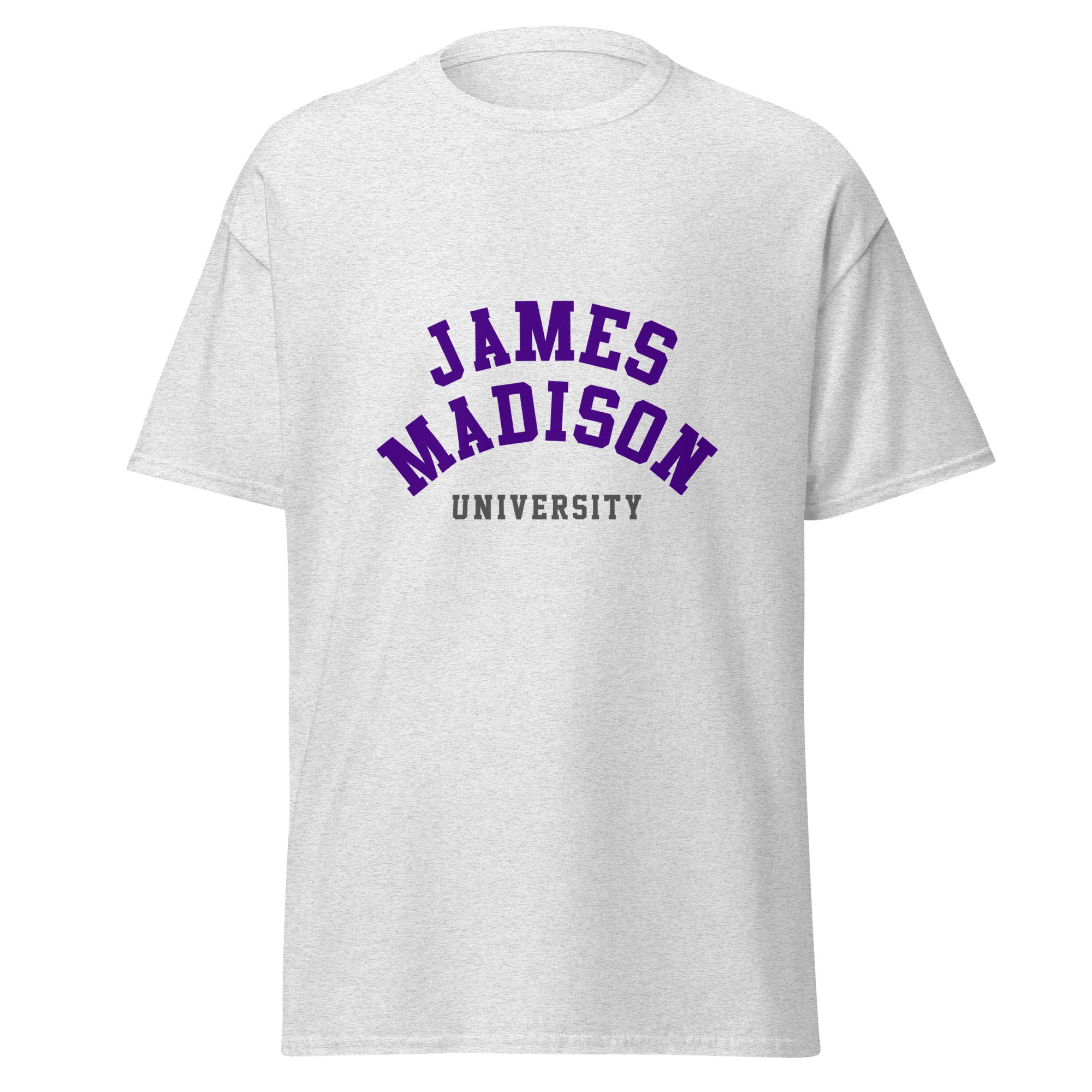 Unisex heather gray t-shirt featuring James Madison University logo printed across the front chest