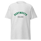 Unisex heather gray t-shirt featuring Dartmouth College logo printed across the front chest