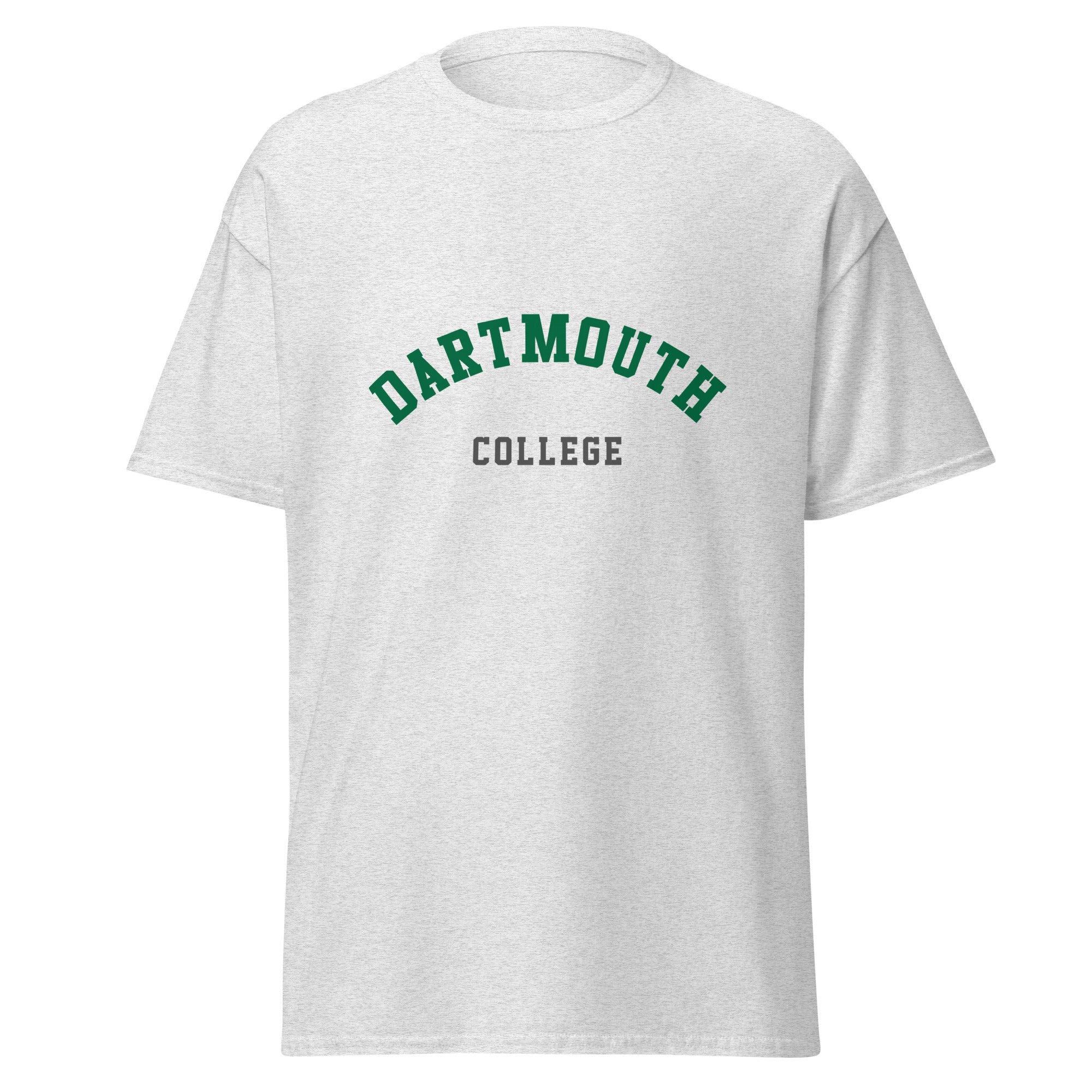 Unisex heather gray t-shirt featuring Dartmouth College logo printed across the front chest