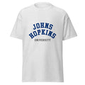 Unisex heather gray t-shirt featuring Johns Hopkins University logo printed across the front chest