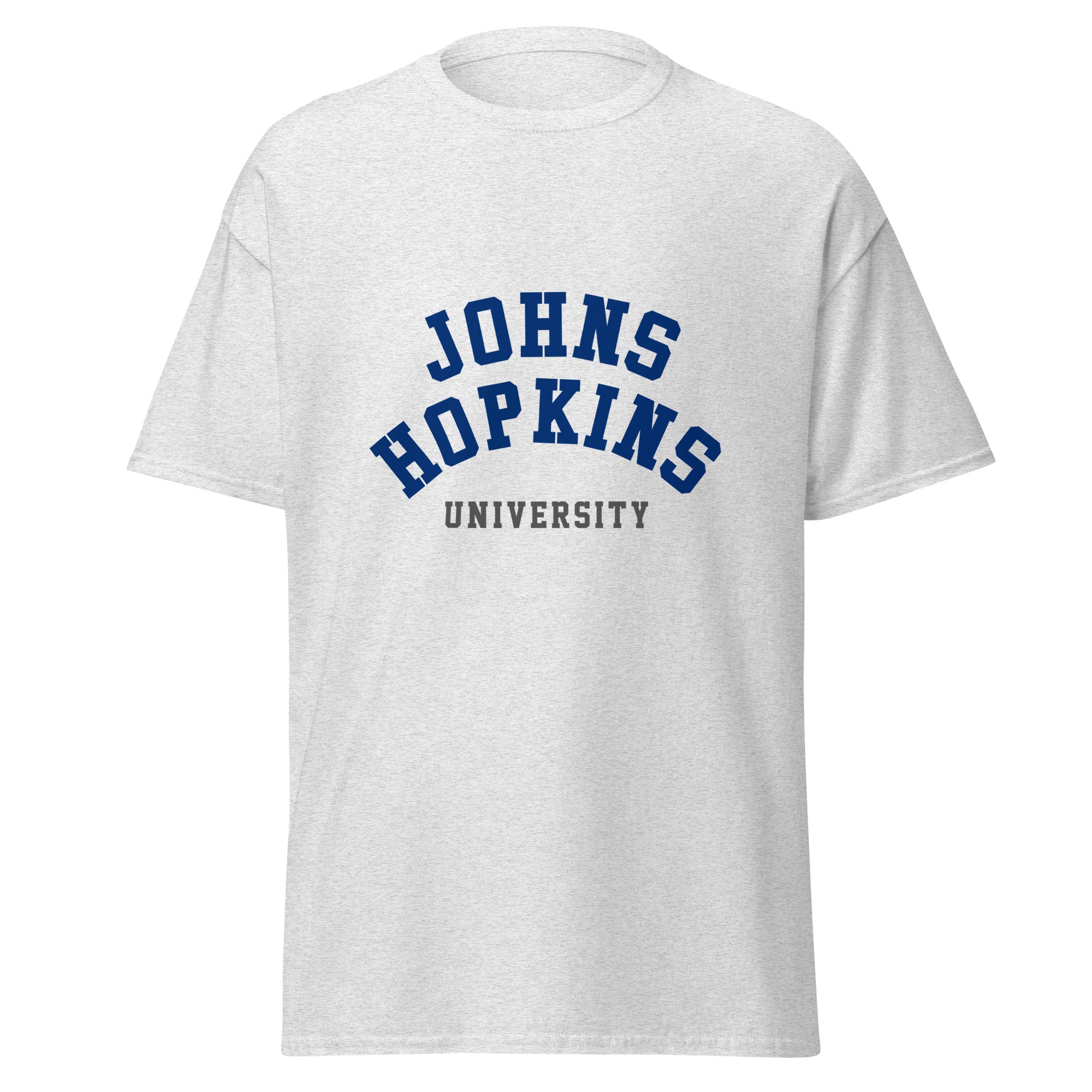 Unisex heather gray t-shirt featuring Johns Hopkins University logo printed across the front chest