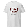 Unisex heather gray t-shirt featuring Texas A&M University logo printed across the front chest