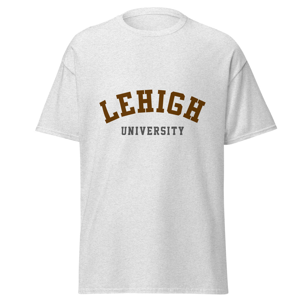 Unisex heather gray t-shirt featuring Lehigh University logo printed across the front chest